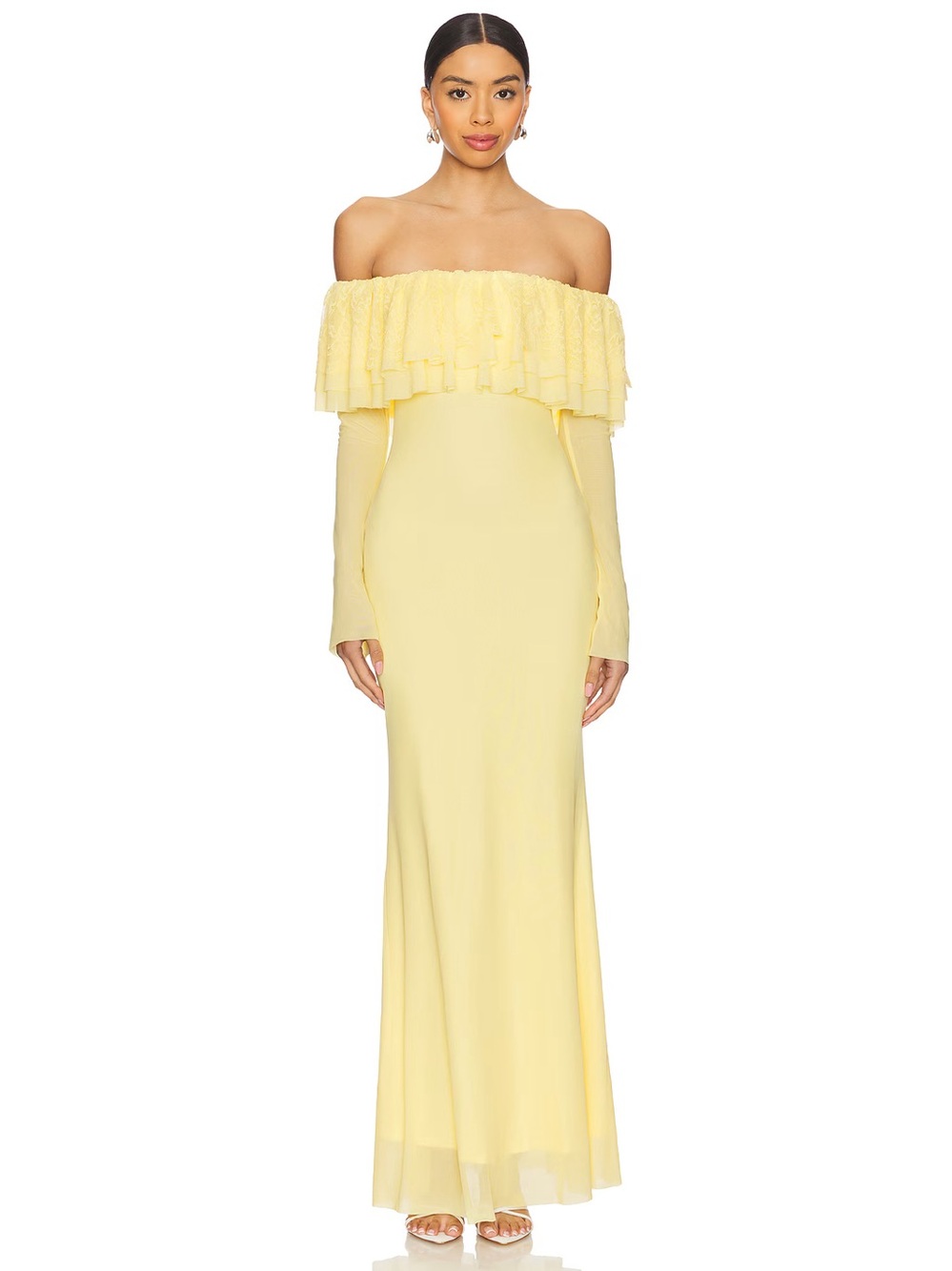 Betty Off-Shoulder Ruffled Evening Gown in Buttercup